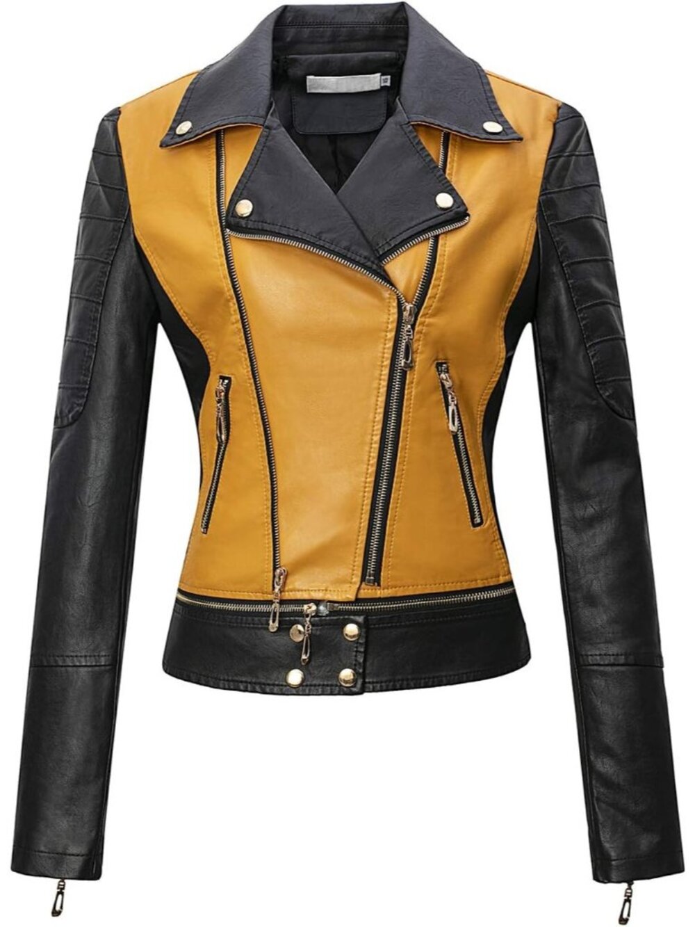 Women's Yellow Faux Leather Moto Biker Jacket Slim Fit Zip Up Casual Short Coat